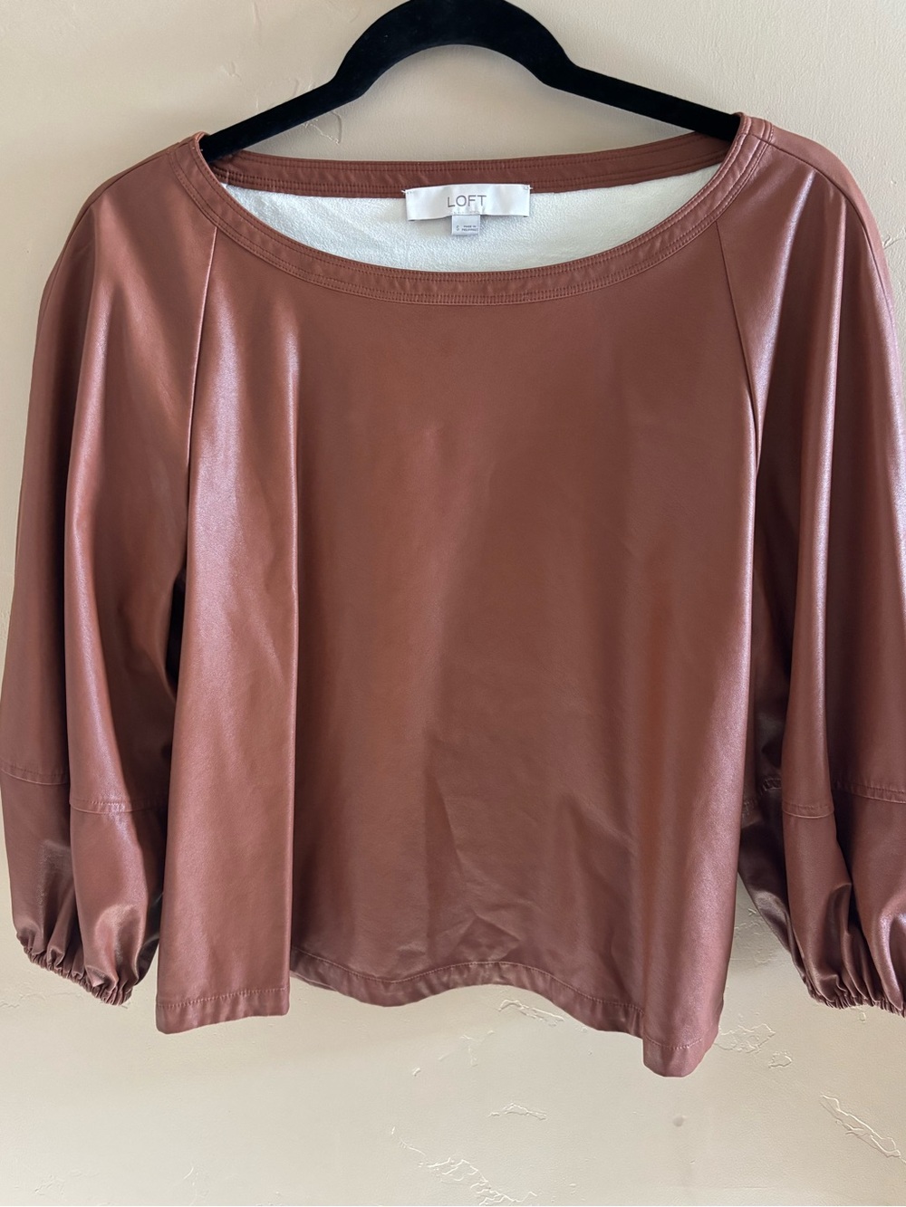 LOFT Faux-Leather Balloon Sleeve Top in Rusty Brown